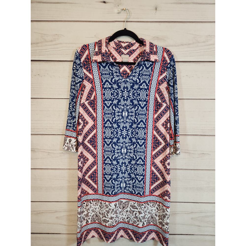 Chico's Women's Multicolor Bandana Print Long‎ Sleeve Mini Shift Dress Size 4/6